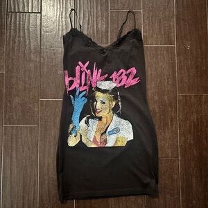 Vera’s eye candy Black Blink-182 Graphic Slip Dress with Pink and Blue Print